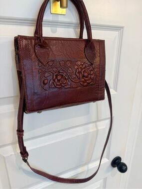 Women's Embossed Floral Leather Satchel - Burgundy